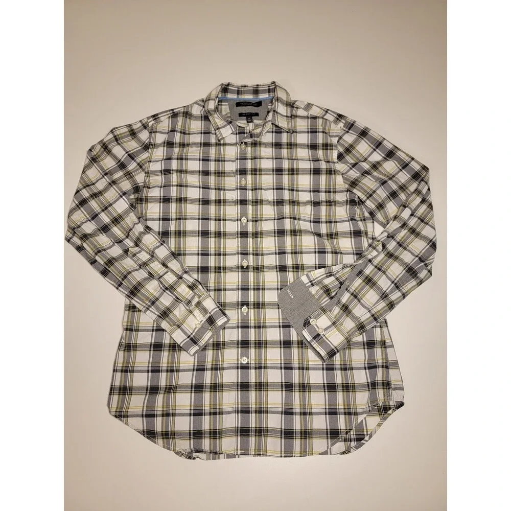 Banana Republic Grant Fit Custom 078 Wash Plaid Shirt Mens M White Grey Yellow